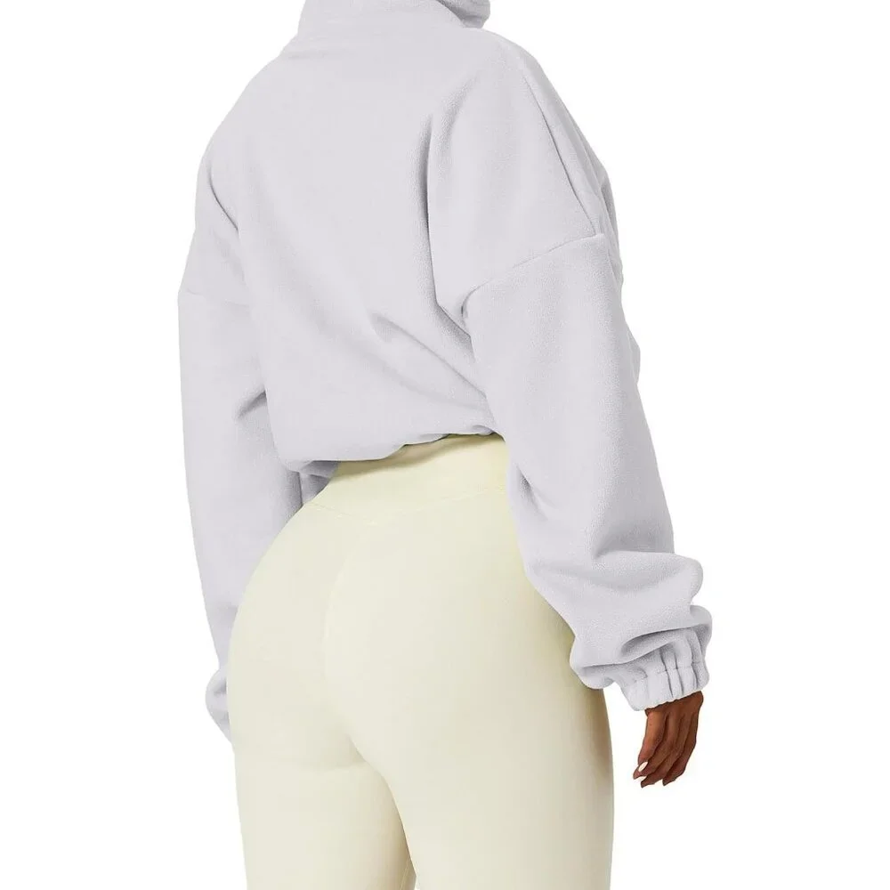 Women's White Zip Fleece Warm Winter Long Sleeve Stand Collar Sherpa Jacket - Picture 2 of 5